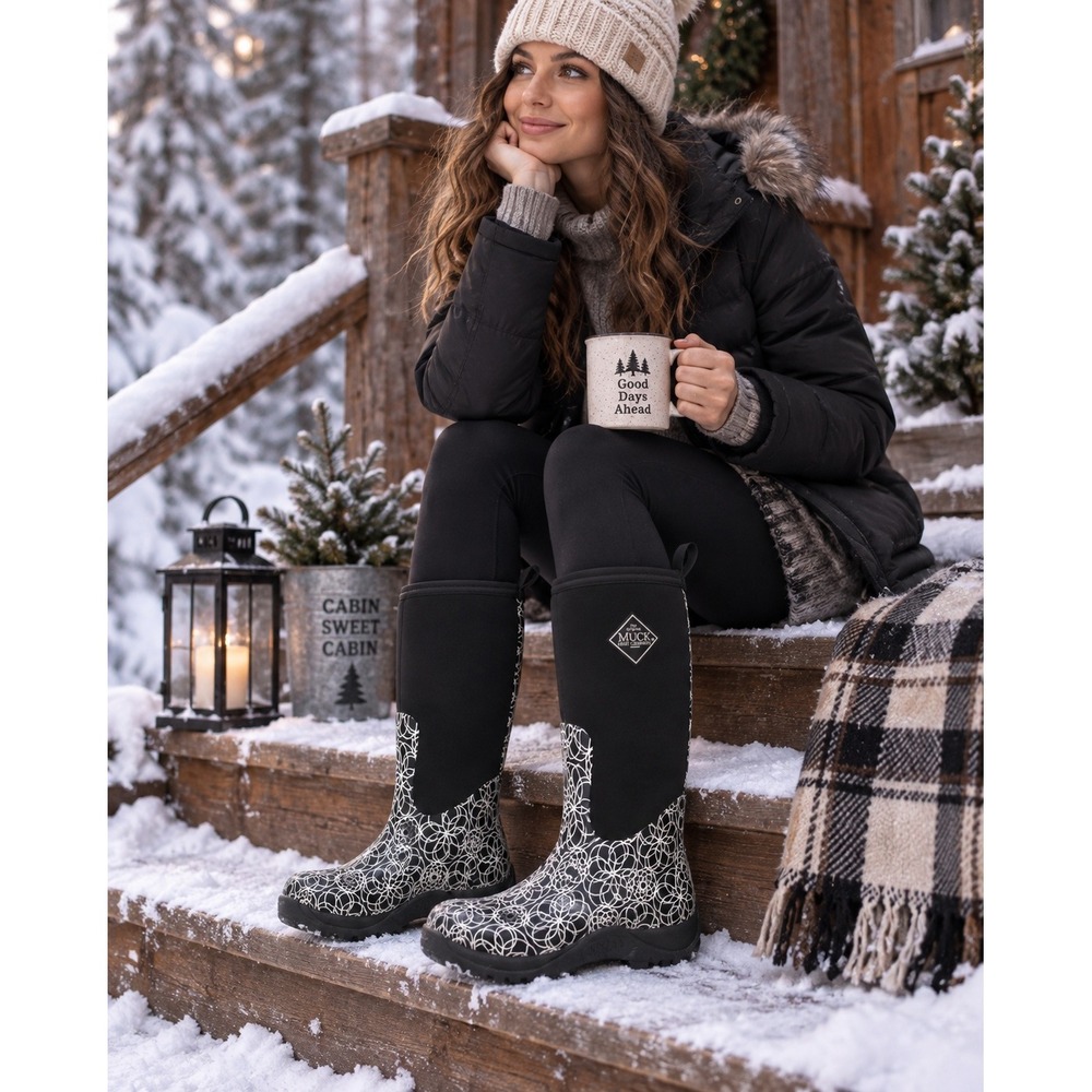 Muck Boots Arctic Adventure Women's 7 Tall Black White Swirl Rain Wintercore
